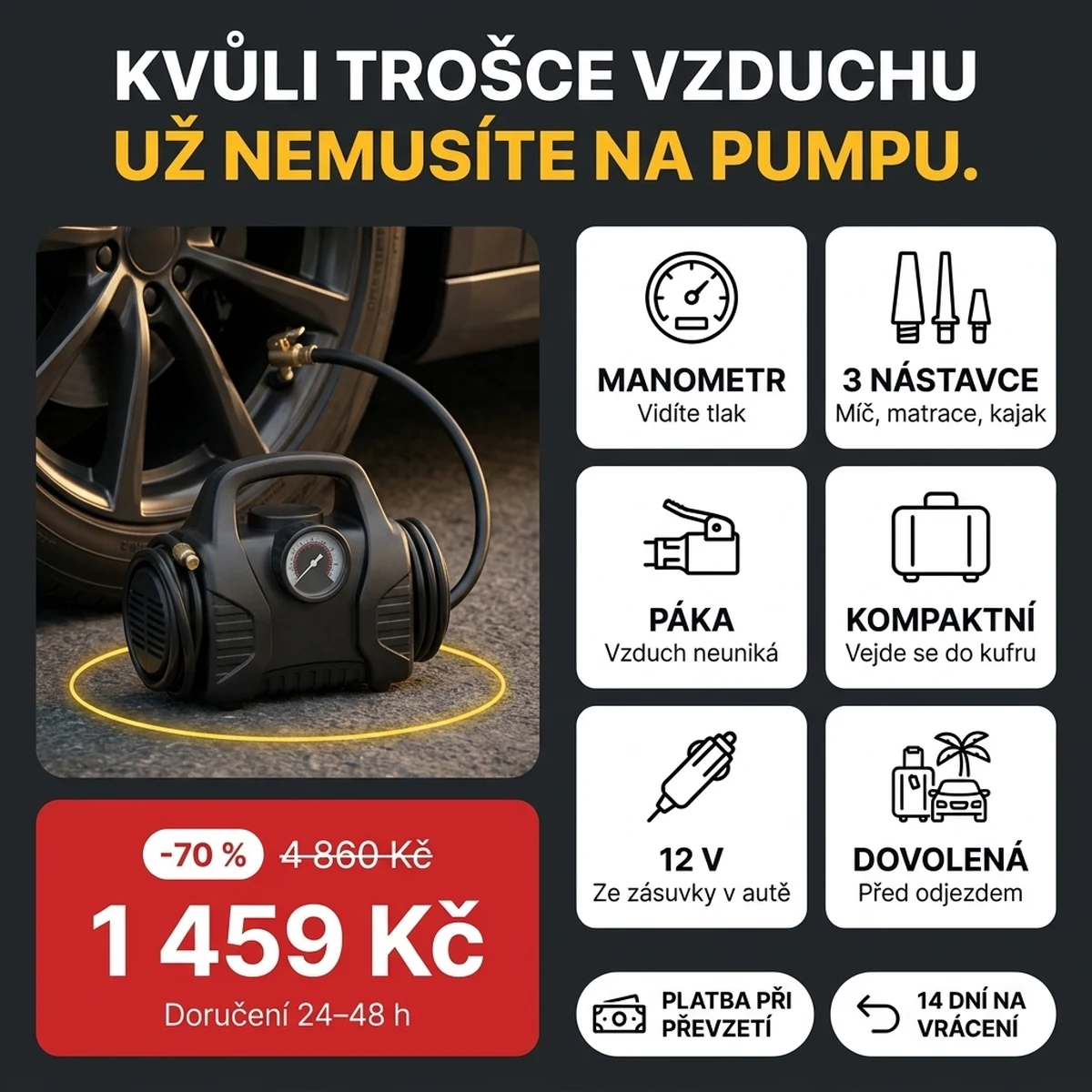 Černý autokompresor s manometrem a nástavci, na kartách hlavních vlastností