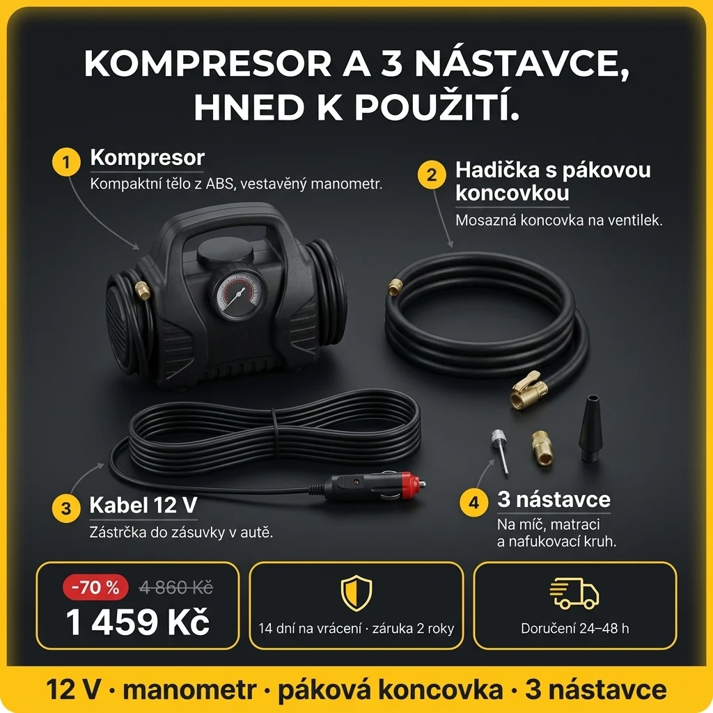 Autokompresor 12 V – nabídka: autokompresor 12 V s manometrem a 3 nástavci, 1 459 Kč místo 4 860 Kč, platba při převzetí