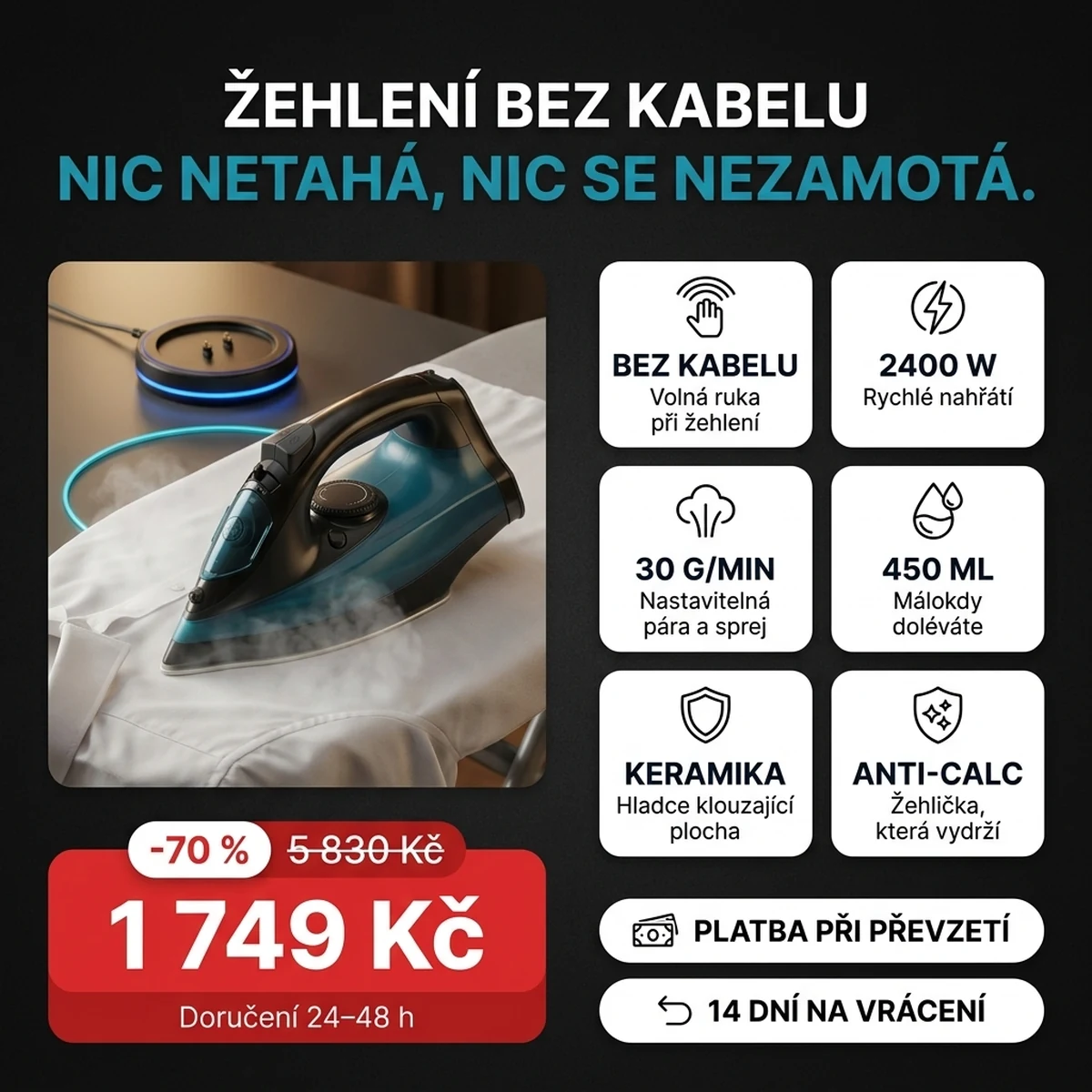 Bezdrátová napařovací žehlička na nabíjecí základně, na kartách hlavních vlastností