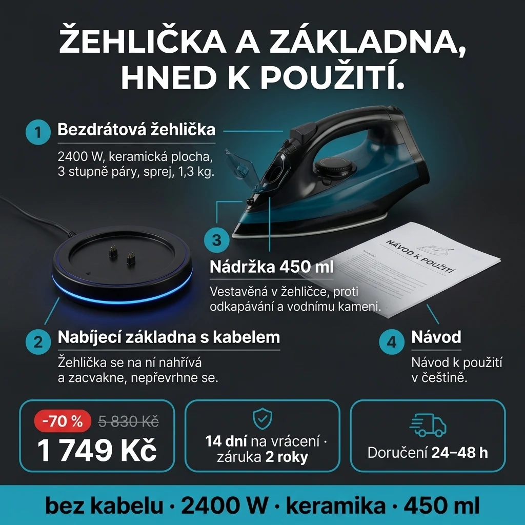 Bezdrátová žehlička – nabídka: bezdrátová žehlička s keramickou plochou a nabíjecí základna, 1 749 Kč místo 5 830 Kč, platba při převzetí
