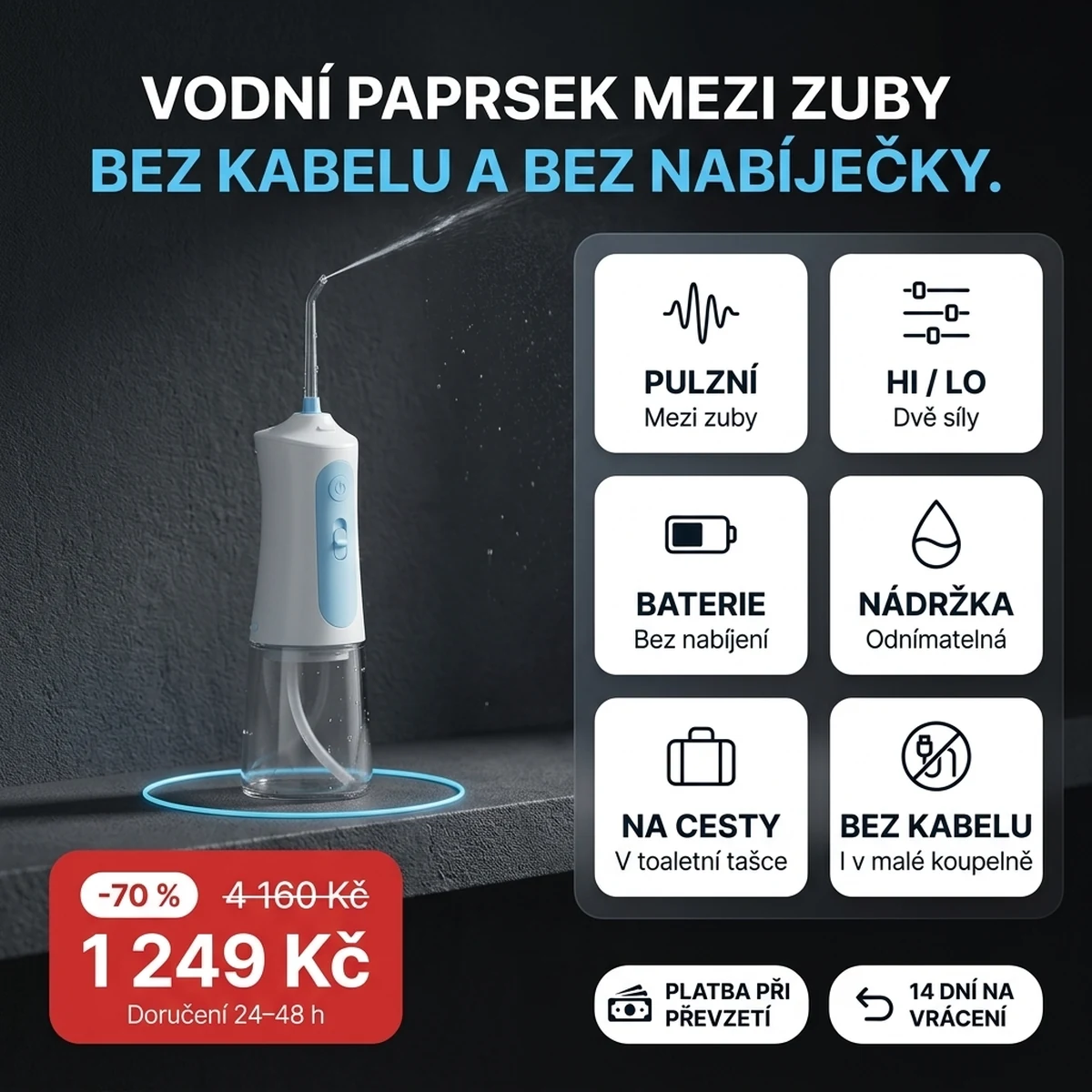 Bílo-modrá bezdrátová ústní sprcha s paprskem, na kartách hlavních vlastností