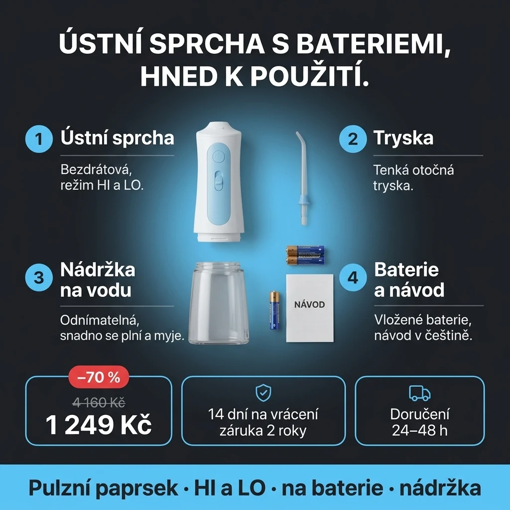 Bezdrátová ústní sprcha – nabídka: bezdrátová ústní sprcha na baterie s odnímatelnou nádržkou, 1 249 Kč místo 4 160 Kč, platba při převzetí