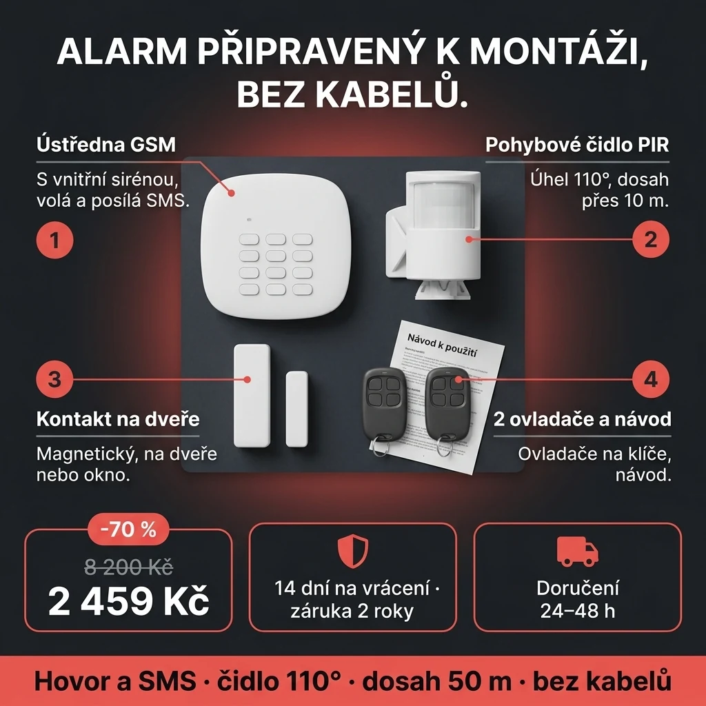 Bezdrátový GSM alarm – nabídka: bezdrátový GSM alarm s čidlem, kontaktem a 2 ovladači, 2 459 Kč místo 8 200 Kč, platba při převzetí