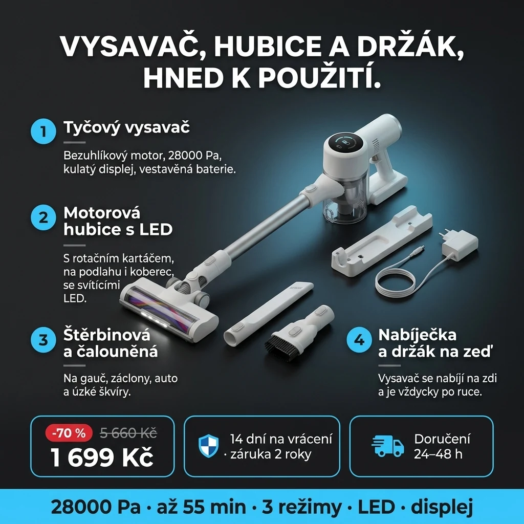 Tyčový vysavač LED – nabídka: tyčový vysavač, LED hubice, štěrbinová hubice, hubice na čalounění, nabíječka a držák, 1 699 Kč místo 5 660 Kč, platba při převzetí