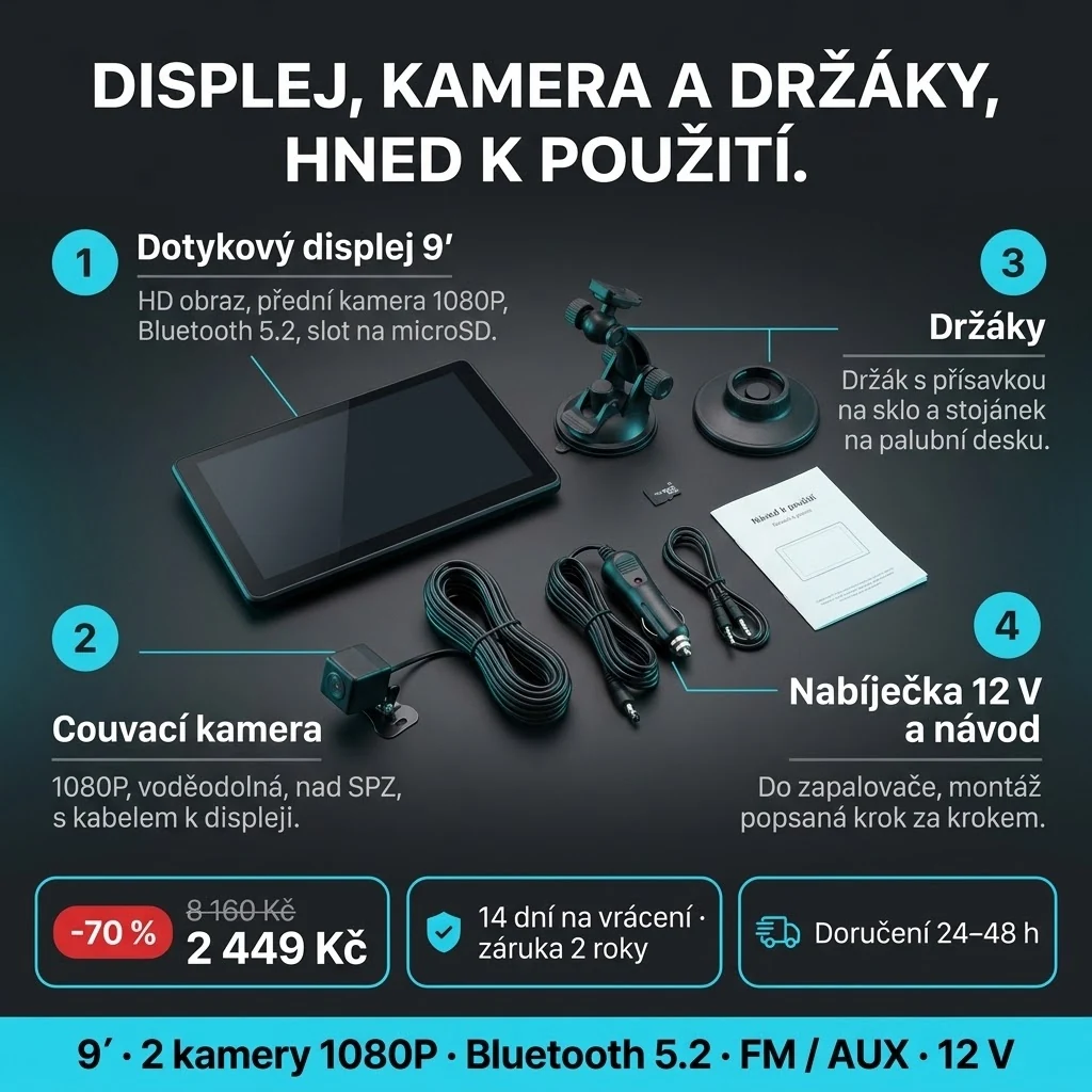 Displej do auta PRO – nabídka: displej 9", couvací kamera, držáky a nabíječka 12 V, 2 449 Kč místo 8 160 Kč, platba při převzetí