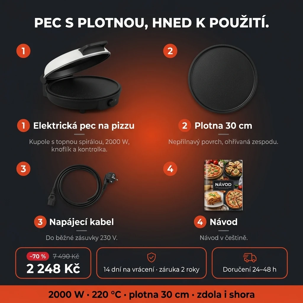 Elektrická pec na pizzu – nabídka: elektrická pec na pizzu s nepřilnavou plotnou 30 cm, 2 248 Kč místo 7 490 Kč, platba při převzetí