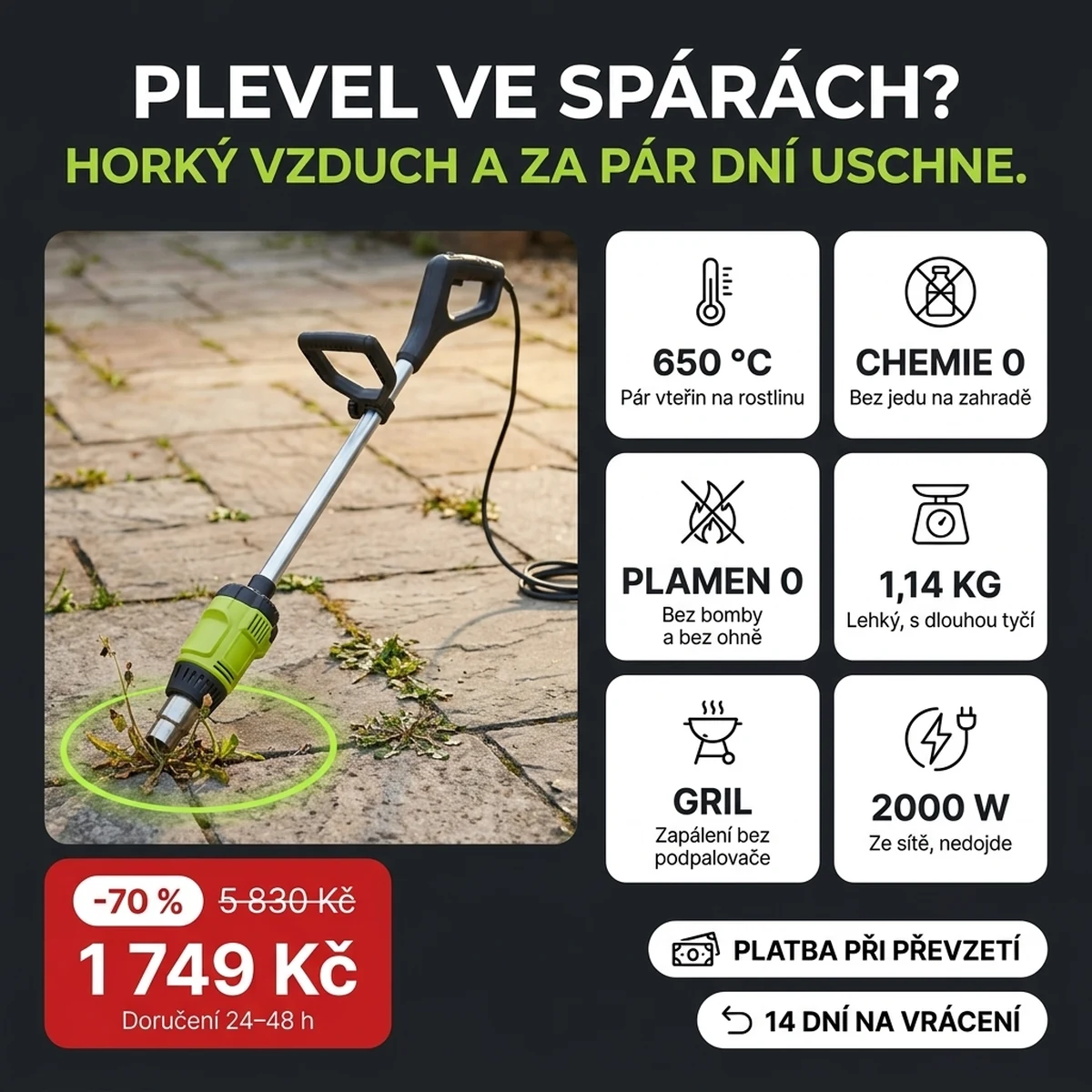 Elektrický vypalovač plevele se zeleným tělem a dlouhou tyčí, na kartách hlavních vlastností