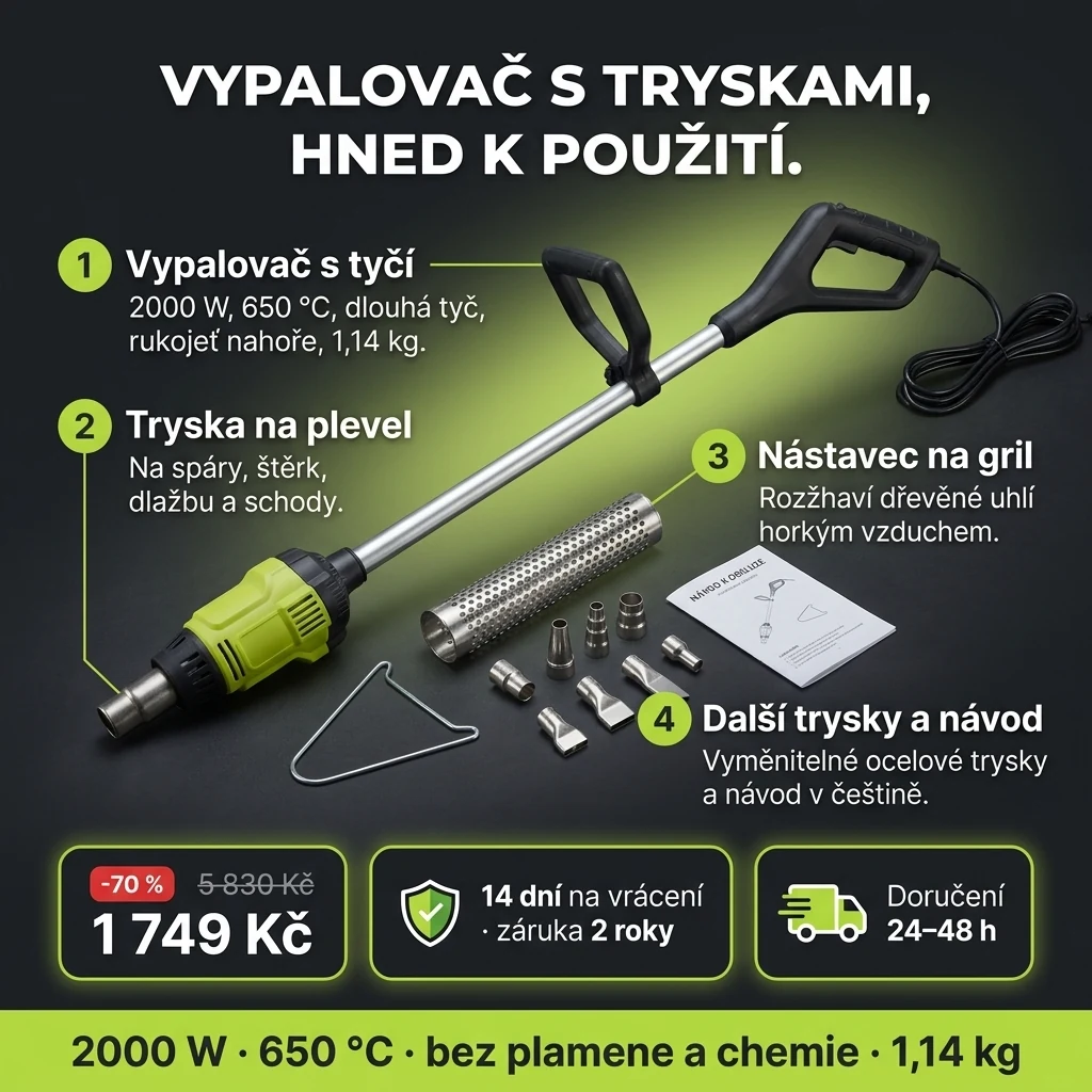 Vypalovač plevele 2000 W – nabídka: elektrický vypalovač plevele, tryska na plevel a nástavec na gril, 1 749 Kč místo 5 830 Kč, platba při převzetí