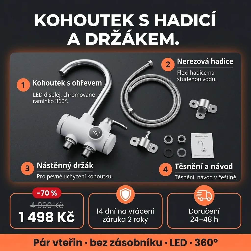 Kohoutek s ohřevem vody – nabídka: kohoutek s průtokovým ohřevem, LED displejem, hadicí a držákem, 1 498 Kč místo 4 990 Kč, platba při převzetí
