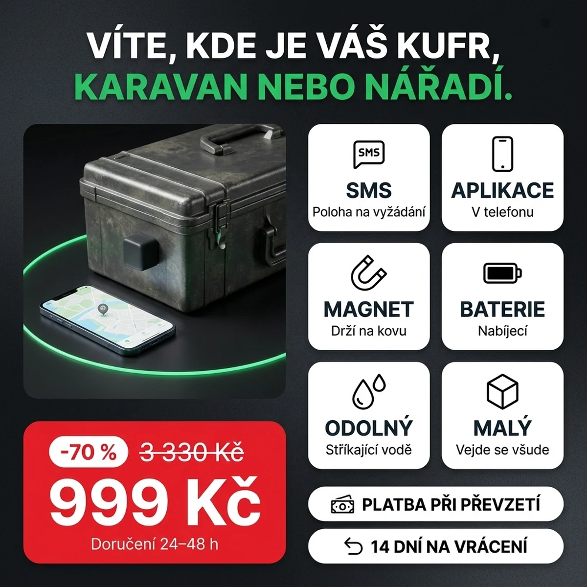 Černý mini magnetický lokátor a telefon s mapou, na kartách hlavních vlastností