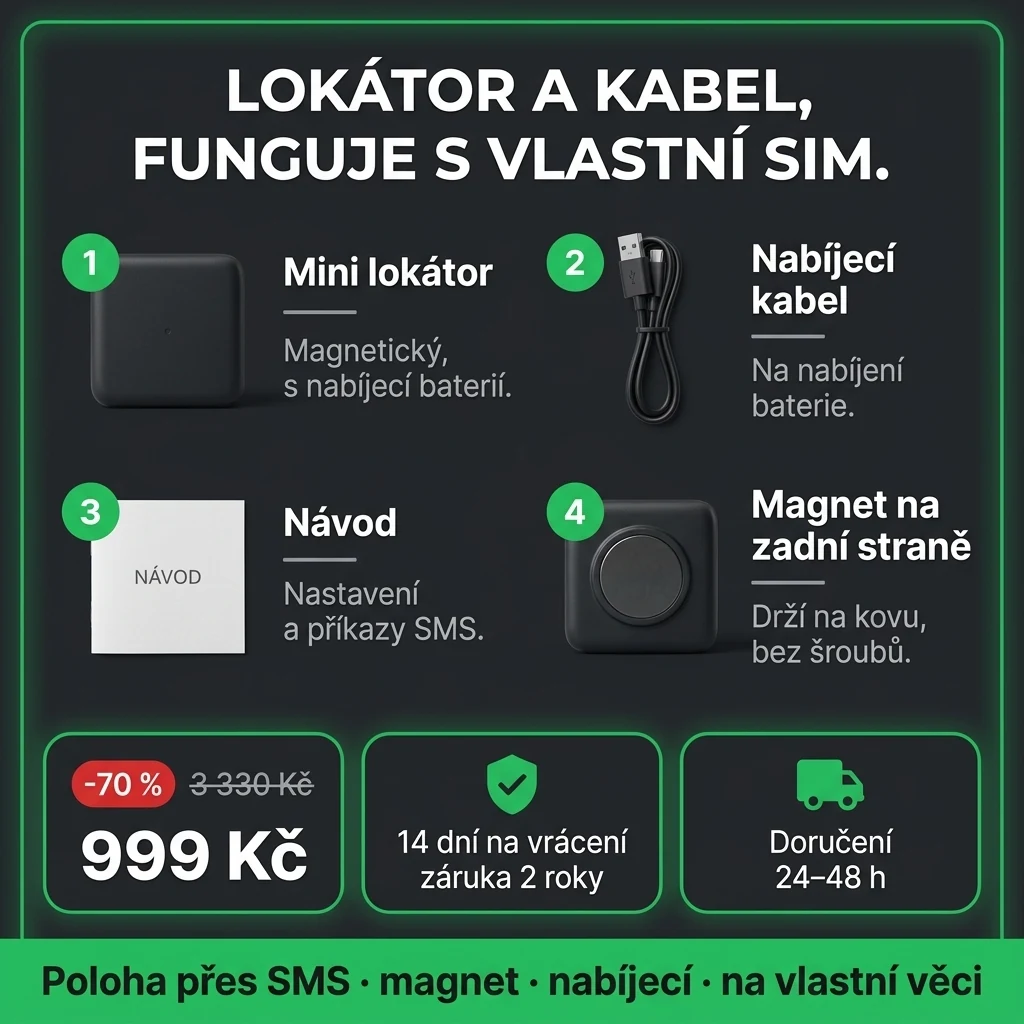 Mini magnetický lokátor – nabídka: mini magnetický lokátor s nabíjecím kabelem, 999 Kč místo 3 330 Kč, platba při převzetí