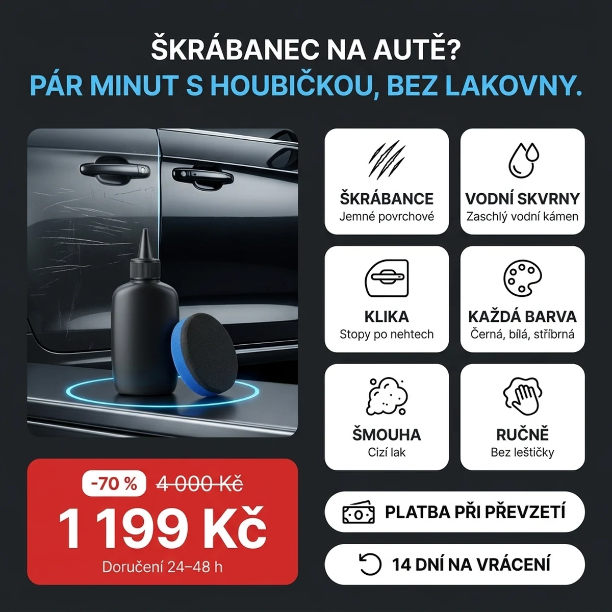 Lahvička pasty na škrábance s houbičkou, na kartách hlavních vlastností