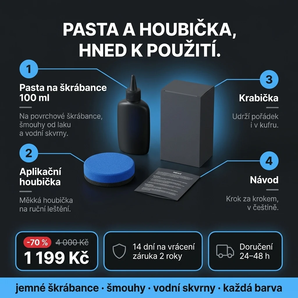 Pasta na škrábance – nabídka: pasta na škrábance 100 ml a aplikační houbička, 1 199 Kč místo 4 000 Kč, platba při převzetí