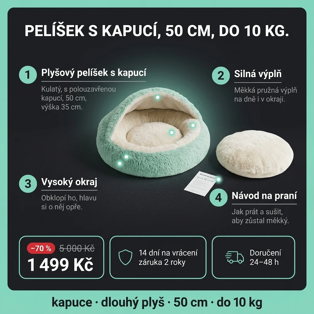 Plyšový pelíšek s kapucí – nabídka: kulatý plyšový pelíšek s kapucí, 50 cm, 1 499 Kč místo 5 000 Kč, platba při převzetí
