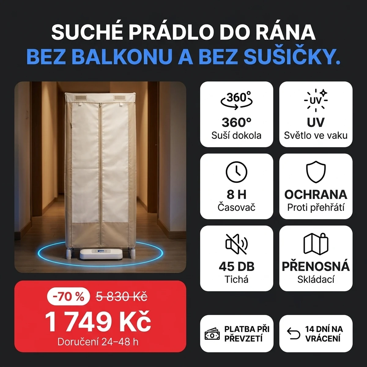 Bílá přenosná sušička s vakem a visícím prádlem, na kartách hlavních vlastností