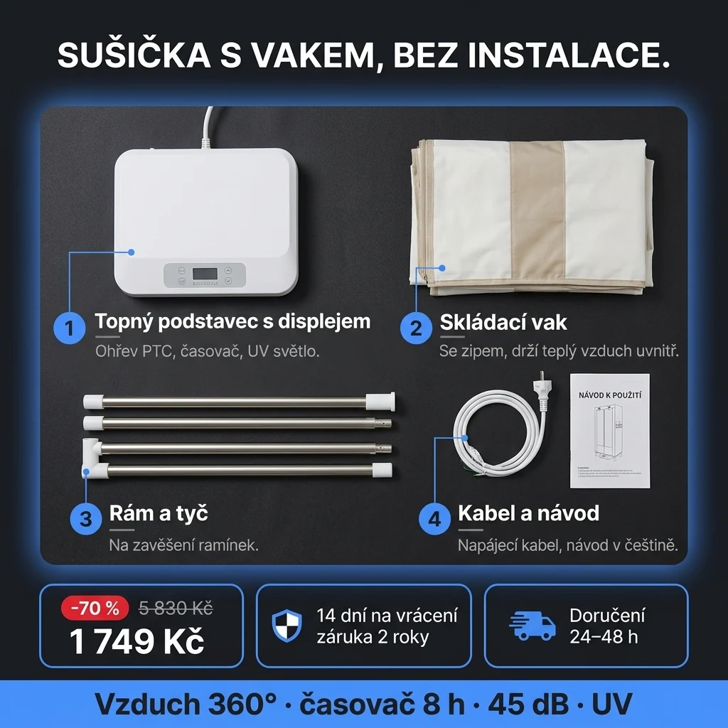 Přenosná sušička prádla – nabídka: přenosná sušička prádla s vakem a rámem, 1 749 Kč místo 5 830 Kč, platba při převzetí