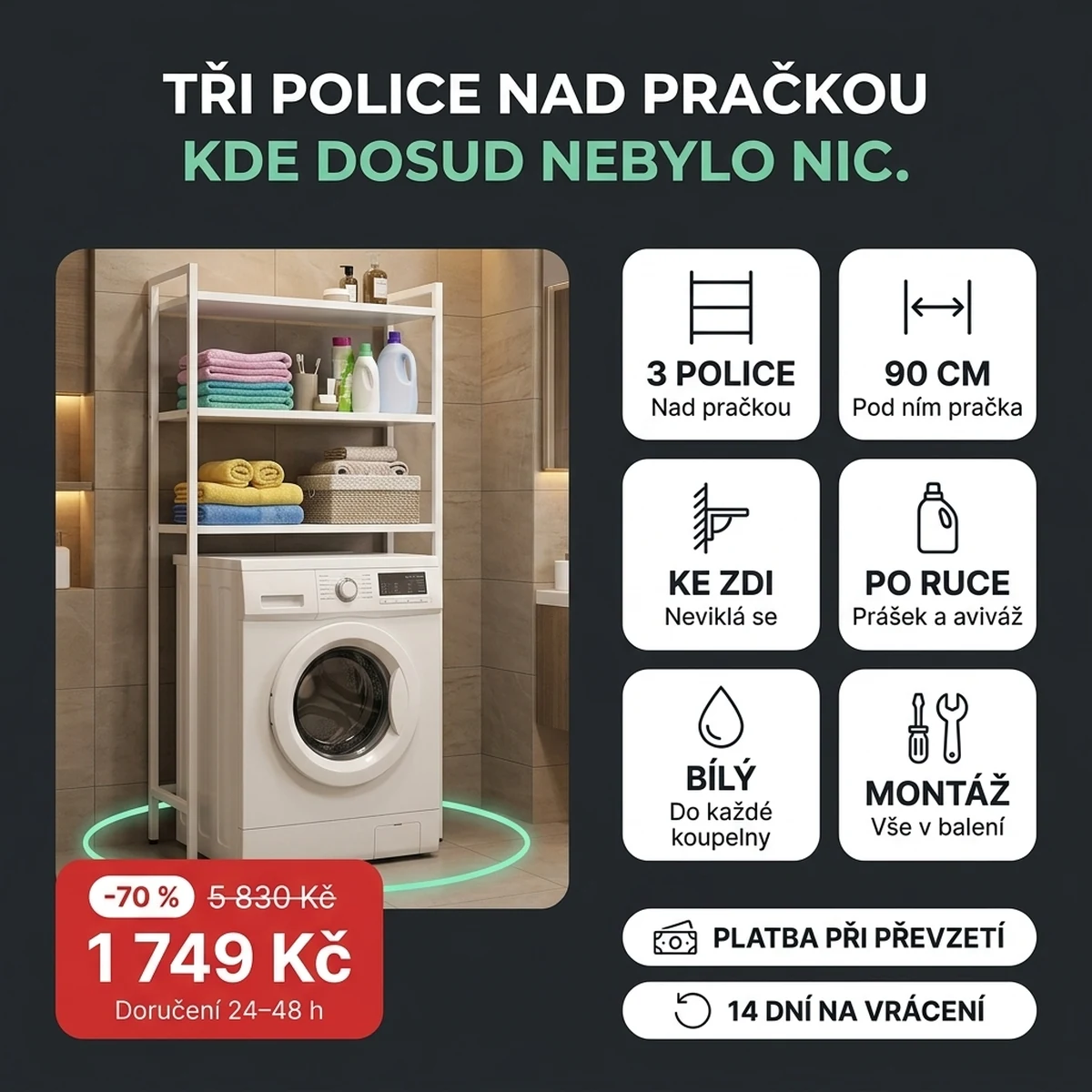 Bílý regál nad pračkou, na kartách hlavních vlastností