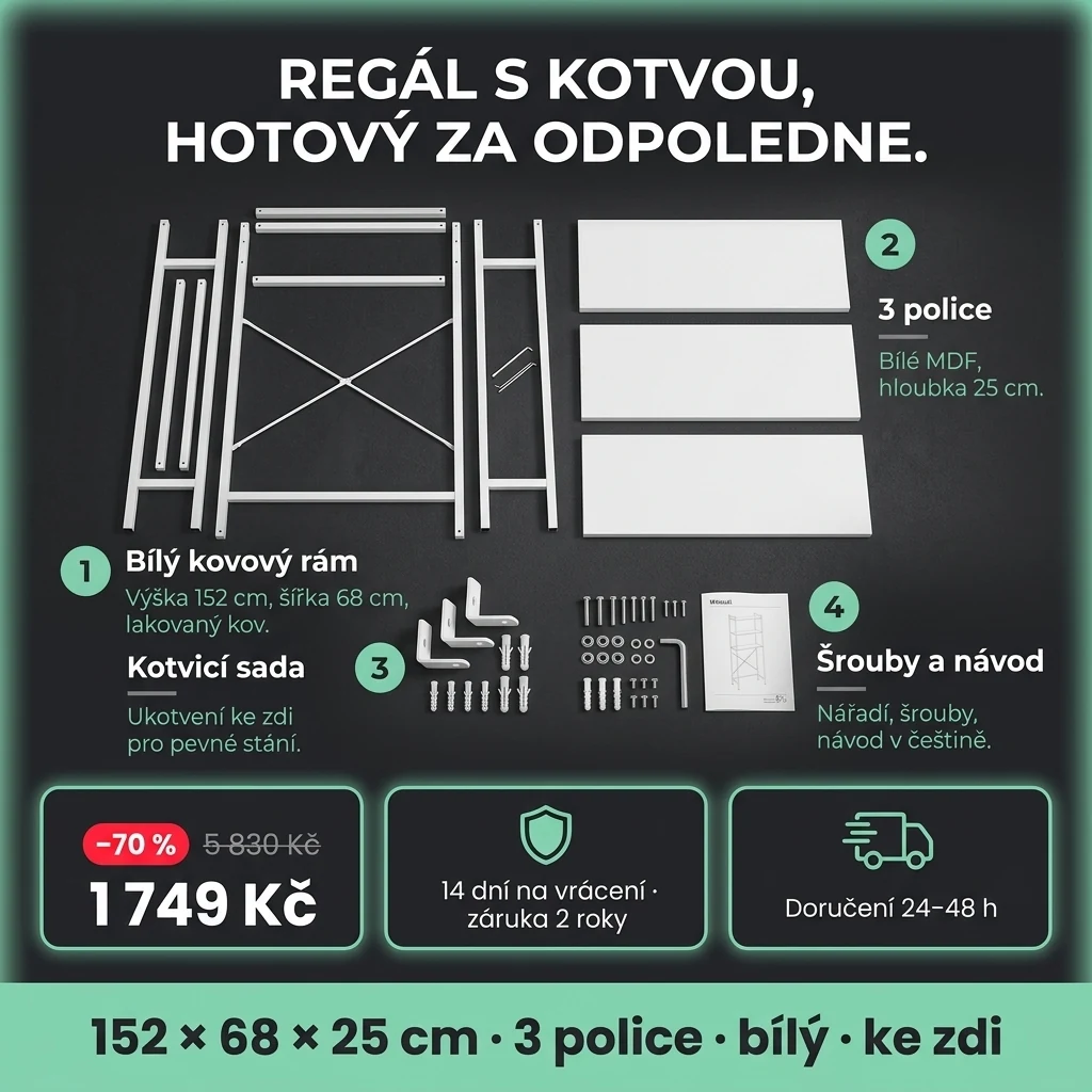 Regál nad pračku – nabídka: bílý regál nad pračku se 3 policemi a kotvou ke zdi, 1 749 Kč místo 5 830 Kč, platba při převzetí