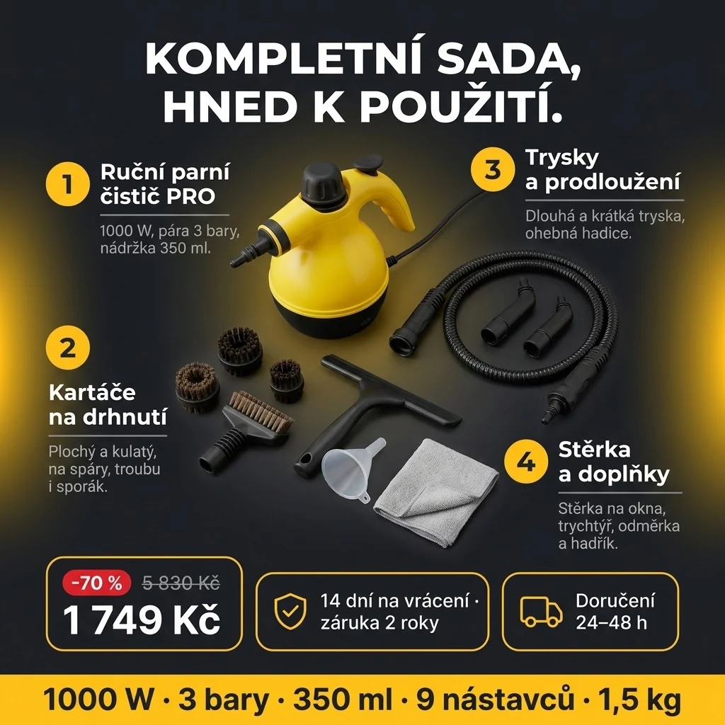 Nabídka Ručního parního čističe PRO: čistič a 9 nástavců, platba při převzetí