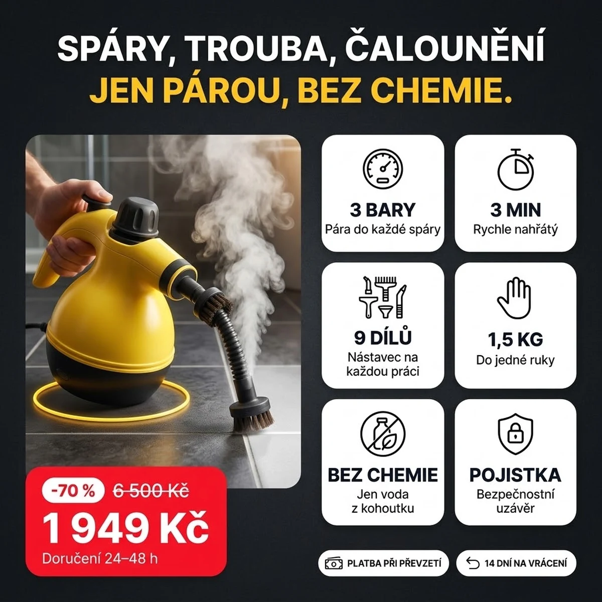 Ruční parní čistič PRO s nástavci, hlavní vlastnosti na kartách