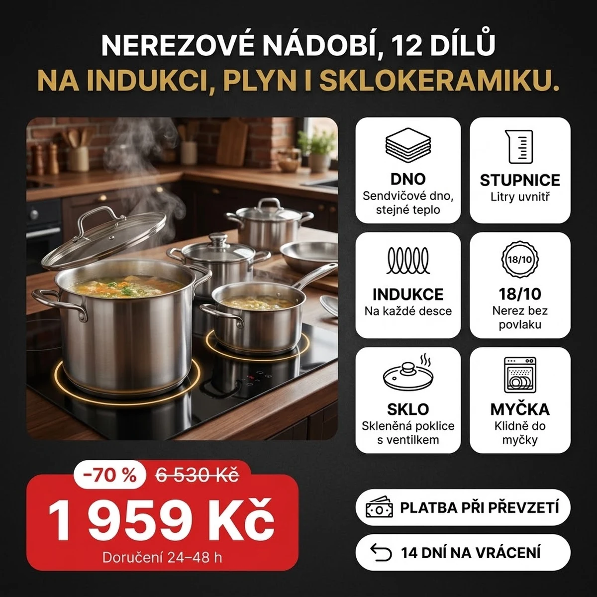 Sada nerezového nádobí 12 dílů se skleněnými poklicemi, na kartách hlavních vlastností