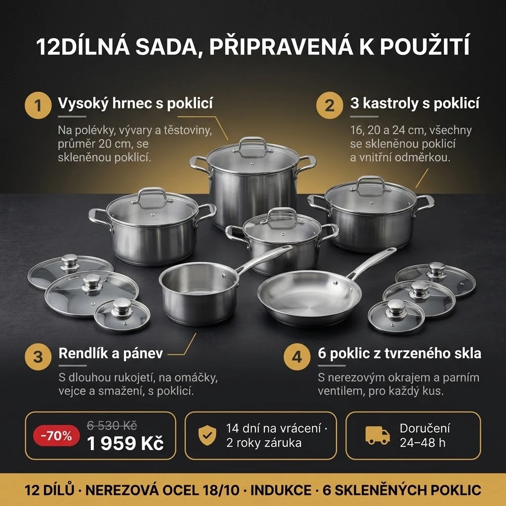 Nerezové nádobí 12 dílů – nabídka: vysoký hrnec, tři kastroly, rendlík, pánev a šest skleněných poklic, 1 959 Kč místo 6 530 Kč, platba při převzetí