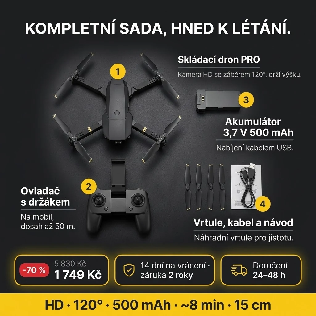 Nabídka Skládacího dronu PRO: dron, ovladač, akumulátor a příslušenství, platba při převzetí