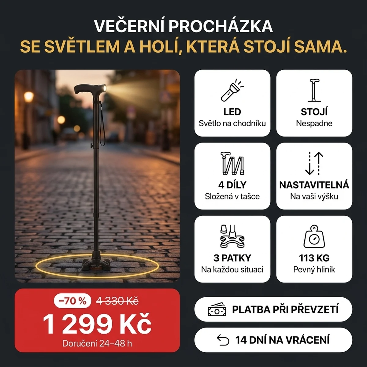 Skládací vycházková hůl se svítící LED, na kartách hlavních vlastností