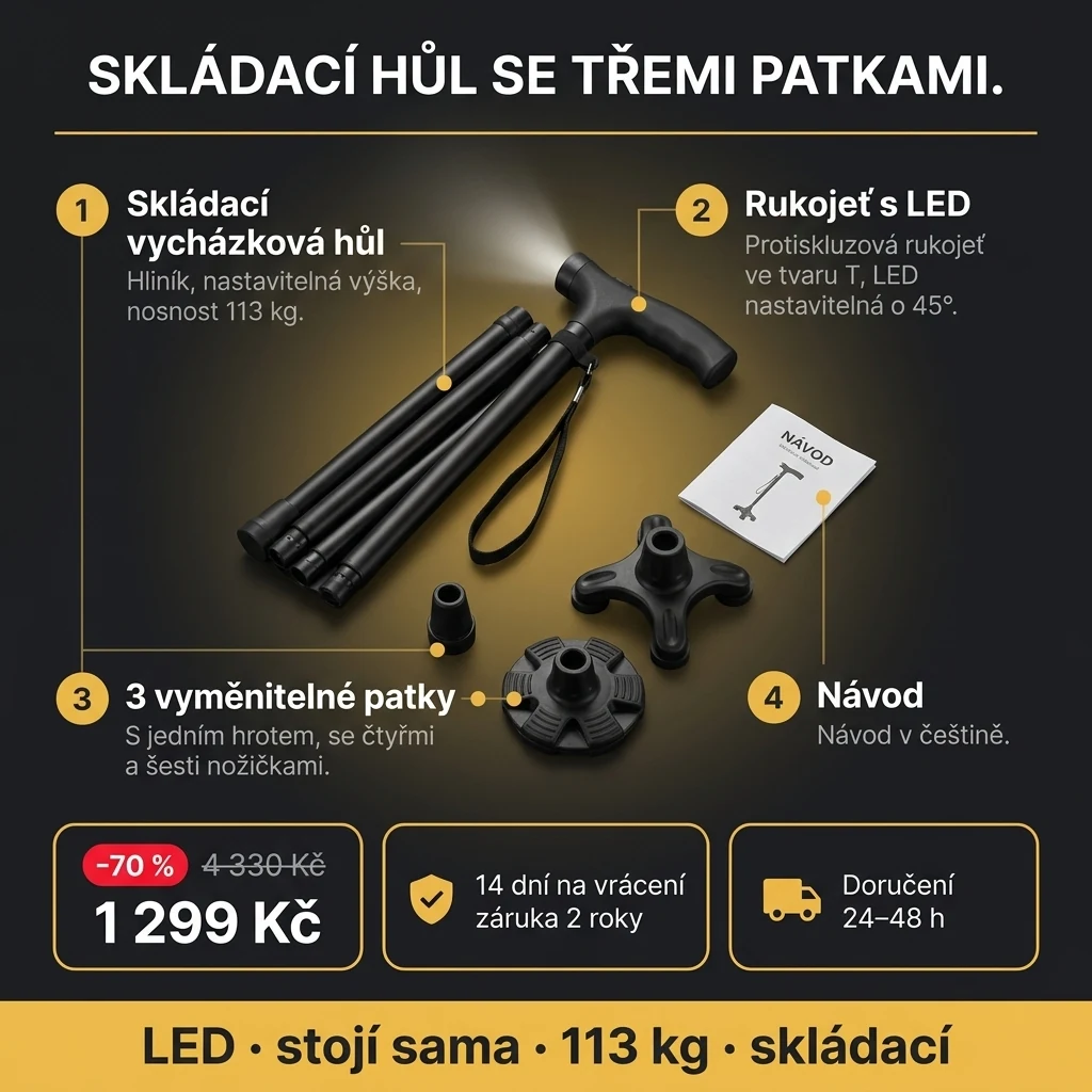 Skládací hůl s LED – nabídka: skládací vycházková hůl s LED rukojetí a 3 patkami, 1 299 Kč místo 4 330 Kč, platba při převzetí