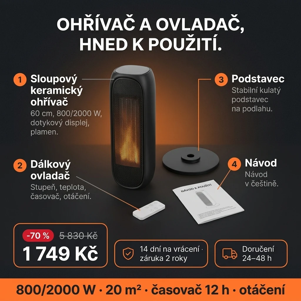 Sloupový keramický ohřívač – nabídka: sloupový keramický ohřívač s dálkovým ovladačem, 1 749 Kč místo 5 830 Kč, platba při převzetí