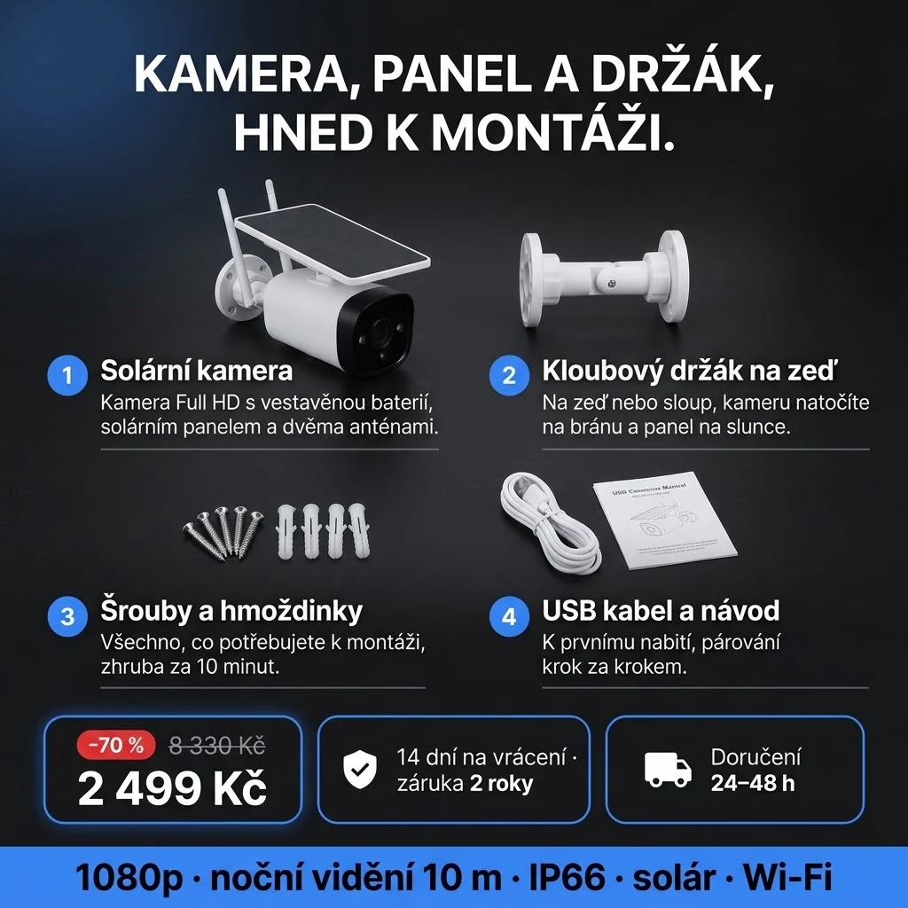 Solární kamera PRO – nabídka: solární kamera, držák na zeď, šrouby a USB kabel, 2 499 Kč místo 8 330 Kč, platba při převzetí