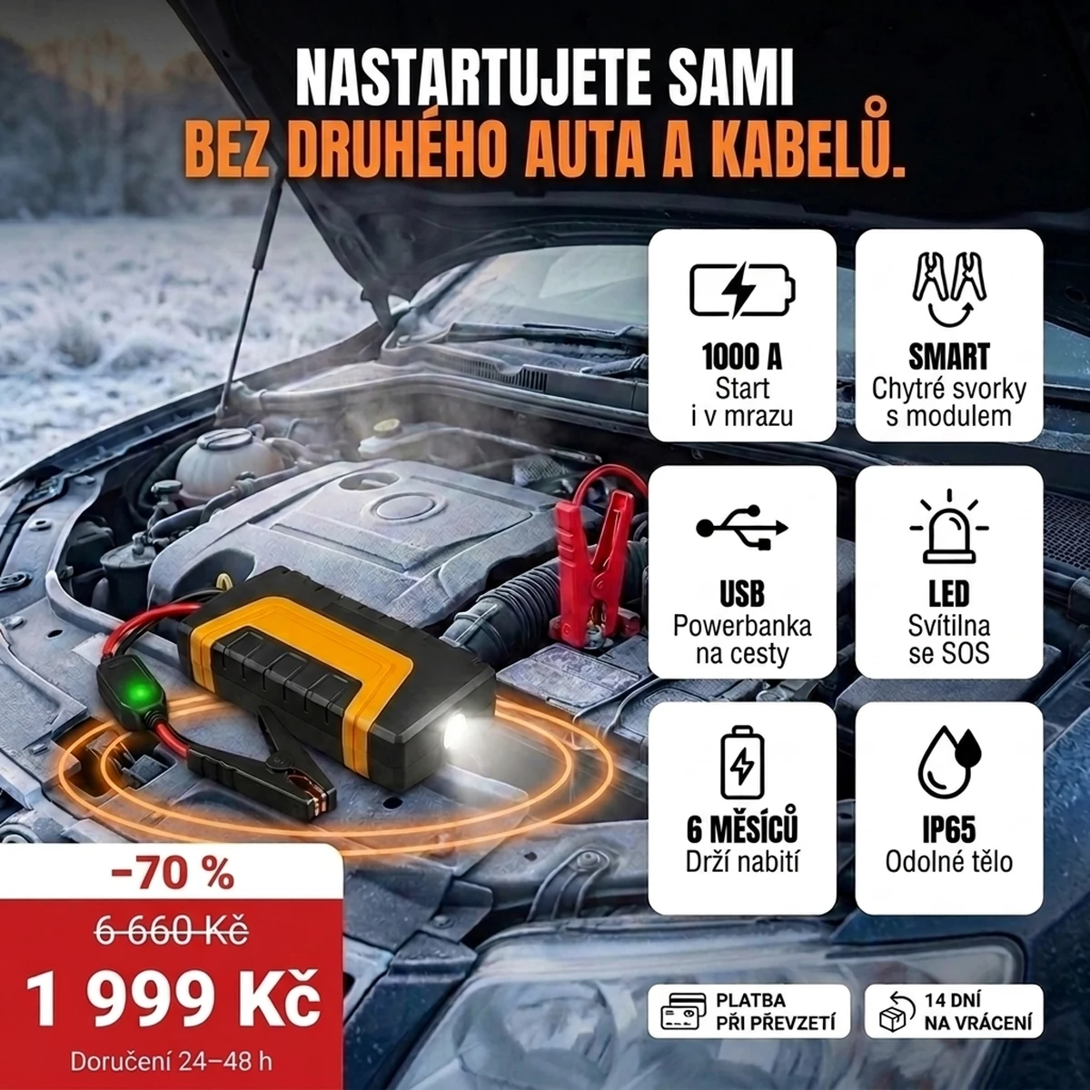 Startovací zdroj PRO se svorkami, svítilnou LED a kufrem, hlavní vlastnosti na kartách