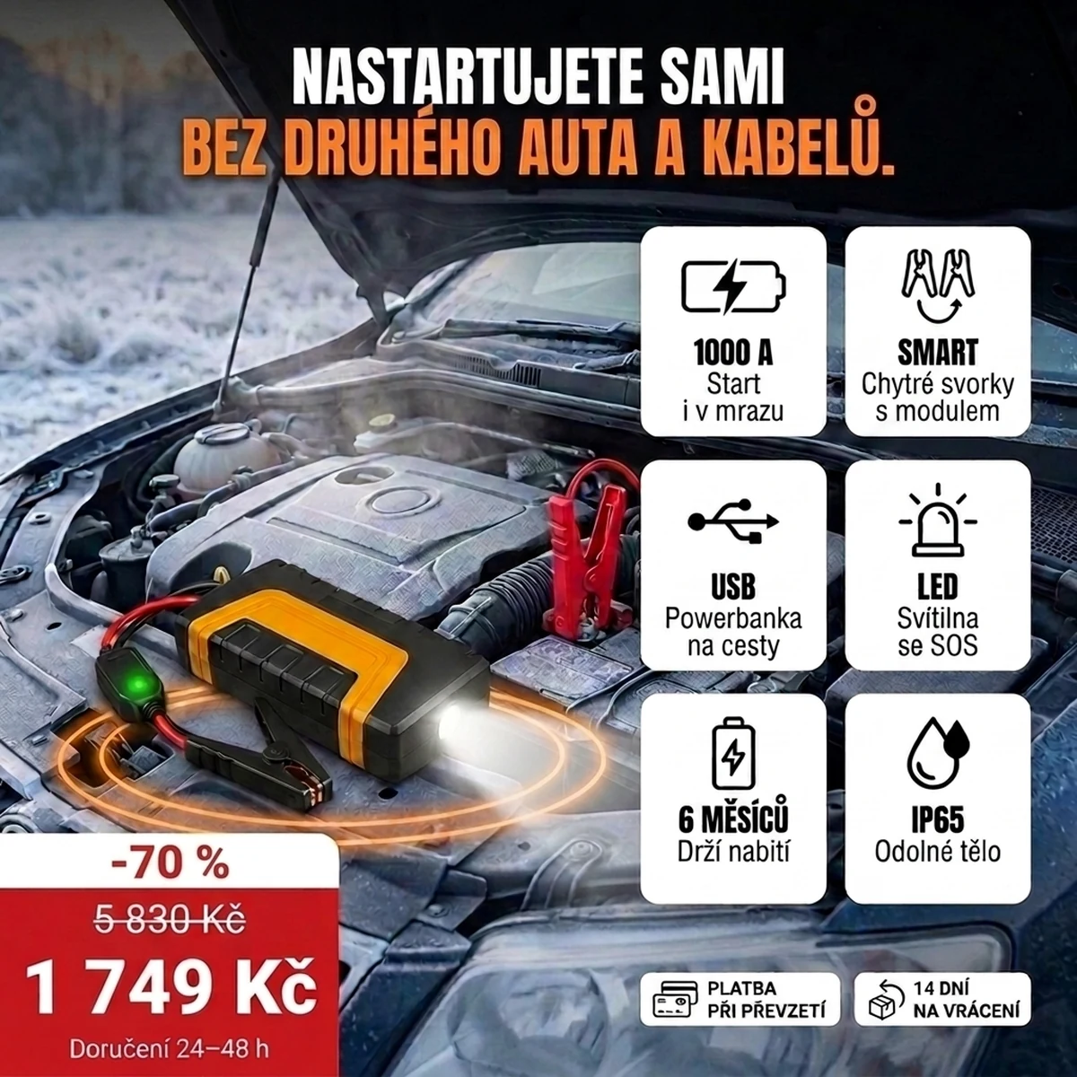 Startovací zdroj PRO se svorkami, svítilnou LED a kufrem, hlavní vlastnosti na kartách