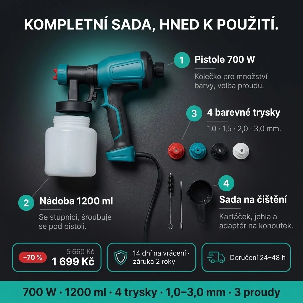Nabídka Stříkací pistole PRO: pistole, nádoba 1200 ml, 4 trysky a sada na čištění, platba při převzetí