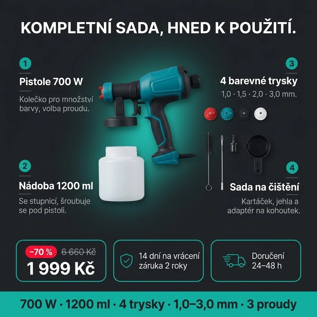 Nabídka Stříkací pistole PRO: pistole, nádoba 1200 ml, 4 trysky a sada na čištění, platba při převzetí
