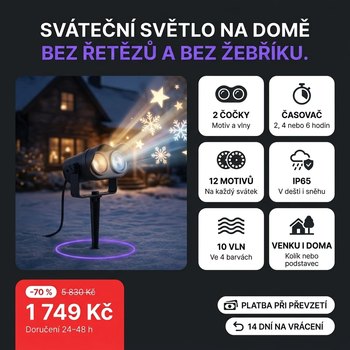 Černý sváteční LED projektor se dvěma čočkami na zapichovacím kolíku, na kartách hlavních vlastností