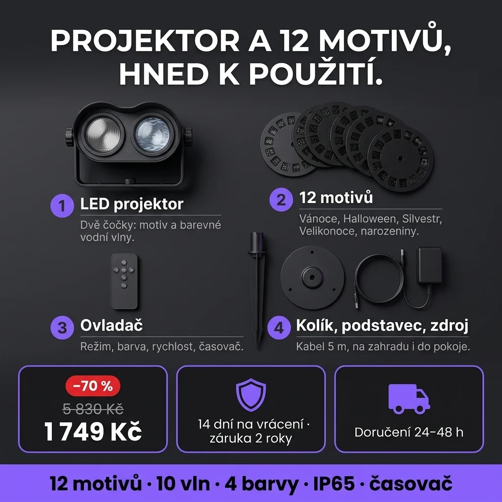 Sváteční LED projektor – nabídka: sváteční LED projektor s 12 motivy a ovladačem, 1 749 Kč místo 5 830 Kč, platba při převzetí