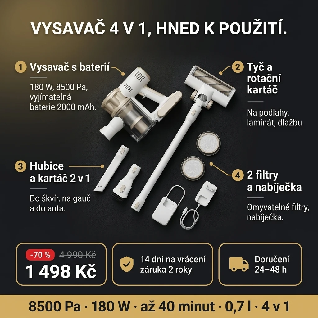 Tyčový vysavač 4 v 1 – nabídka: tyčový vysavač 4 v 1 bez kabelu s nástavci, 1 498 Kč místo 4 990 Kč, platba při převzetí