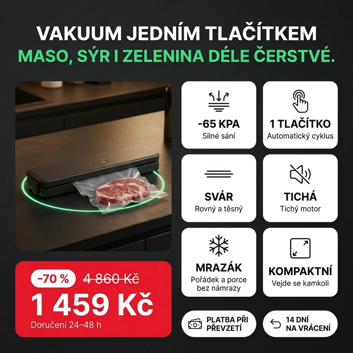 Vakuovačka potravin se sáčkem a steakem, na kartách hlavních vlastností