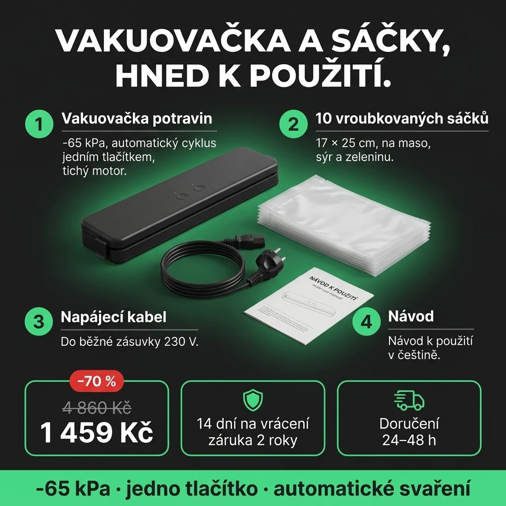 Vakuovačka potravin – nabídka: vakuovačka potravin a 10 sáčků 17 × 25 cm, 1 459 Kč místo 4 860 Kč, platba při převzetí
