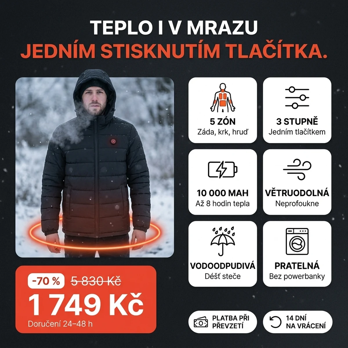 Černá vyhřívaná bunda s kapucí, na kartách hlavních vlastností