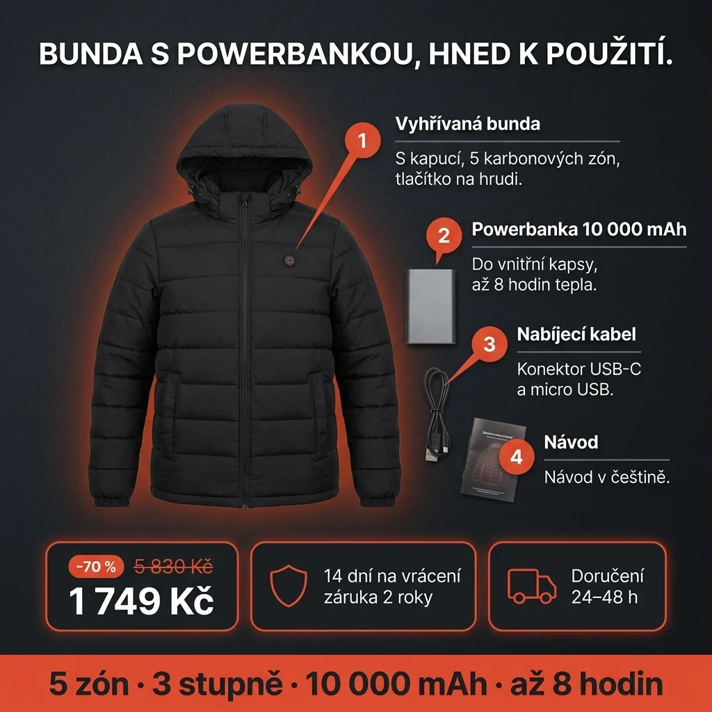 Vyhřívaná bunda – nabídka: vyhřívaná bunda s powerbankou 10 000 mAh, 1 749 Kč místo 5 830 Kč, platba při převzetí