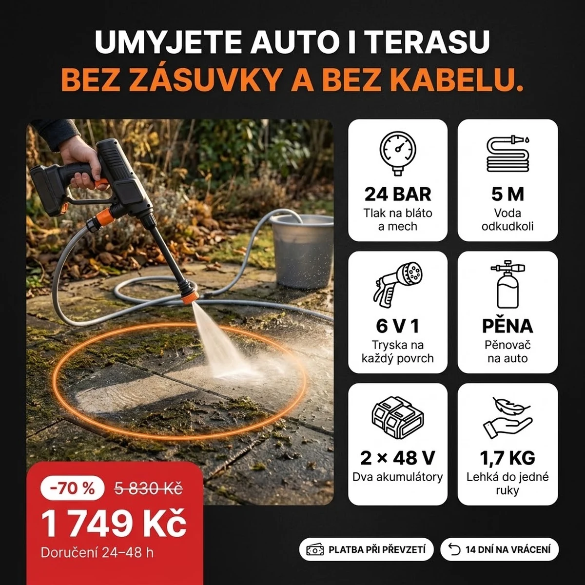 Akumulátorový vysokotlaký čistič PRO s tryskou, pěnovačem a dvěma akumulátory, hlavní vlastnosti na kartách