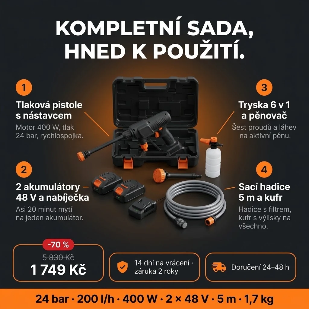 Nabídka Vysokotlakého čističe PRO: pistole, dva akumulátory, tryska, pěnovač, hadice a kufr, platba při převzetí