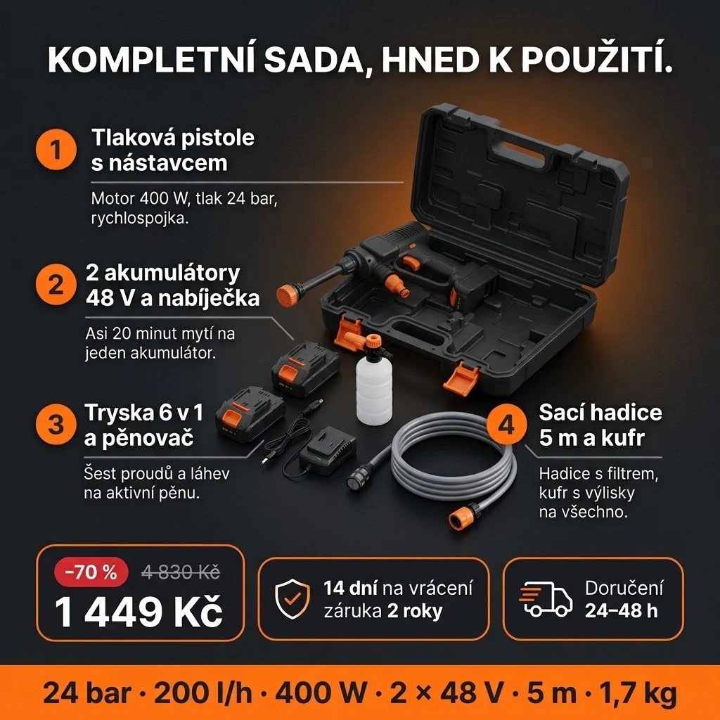 Nabídka Vysokotlakého čističe PRO: pistole, dva akumulátory, tryska, pěnovač, hadice a kufr, platba při převzetí