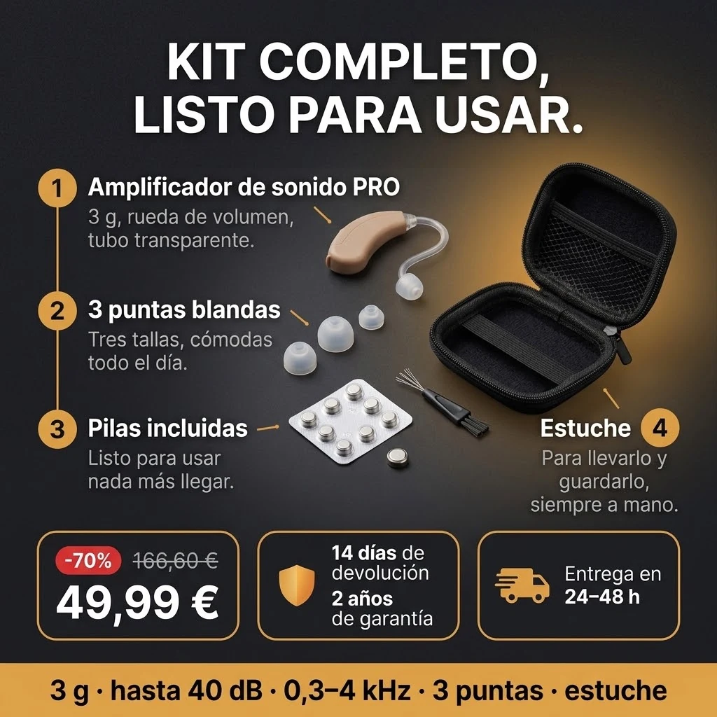Oferta del Amplificador de sonido PRO: amplificador, 3 puntas, pilas y estuche, pago contra reembolso