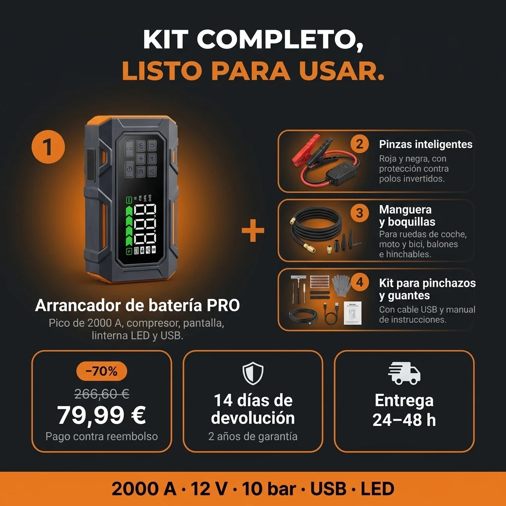 Oferta del Arrancador de batería PRO: arrancador con compresor, pinzas, manguera y accesorios, pago contra reembolso