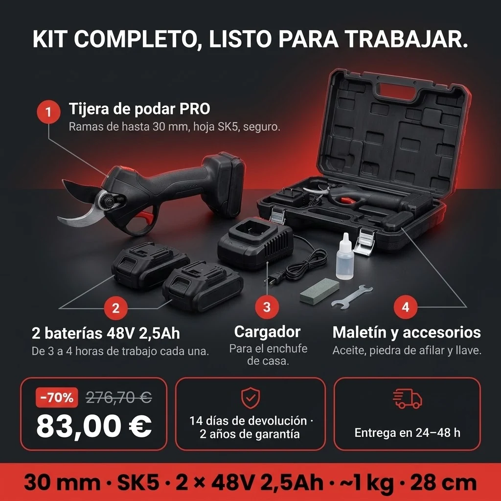 Oferta de la Tijera de podar PRO: tijera, dos baterías, cargador y maletín con accesorios, pago contra reembolso