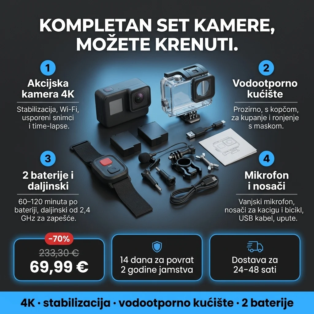 Akcijska kamera 4K – ponuda: akcijska kamera 4K, vodootporno kućište, 2 baterije, daljinski i nosači, 69,99 € umjesto 233,30 €, plaćanje pouzećem