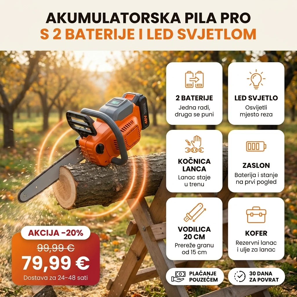 Akumulatorska motorna pila PRO s dvije baterije, LED svjetlom i zaslonom, uz kartice glavnih značajki